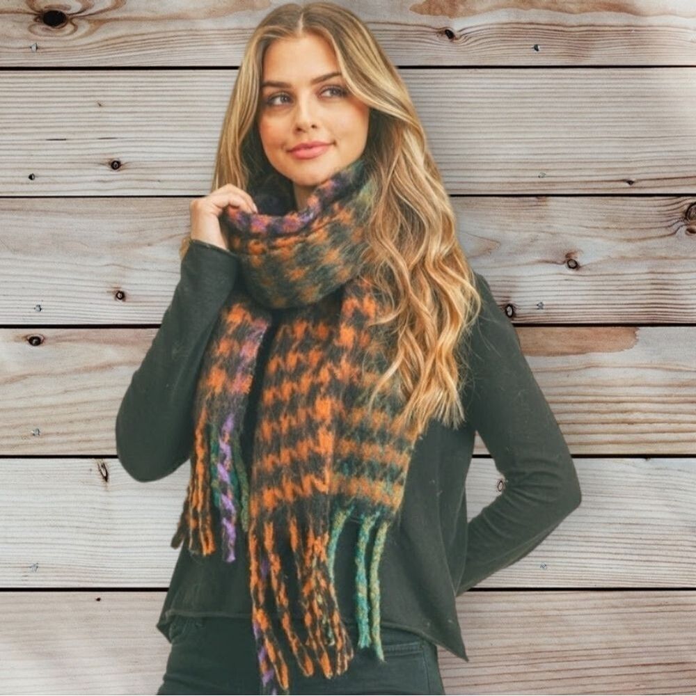 Houndstooth Multi Color Pinwheel Scarf Fringed Ends Fuzzy Oversized Soft Warm